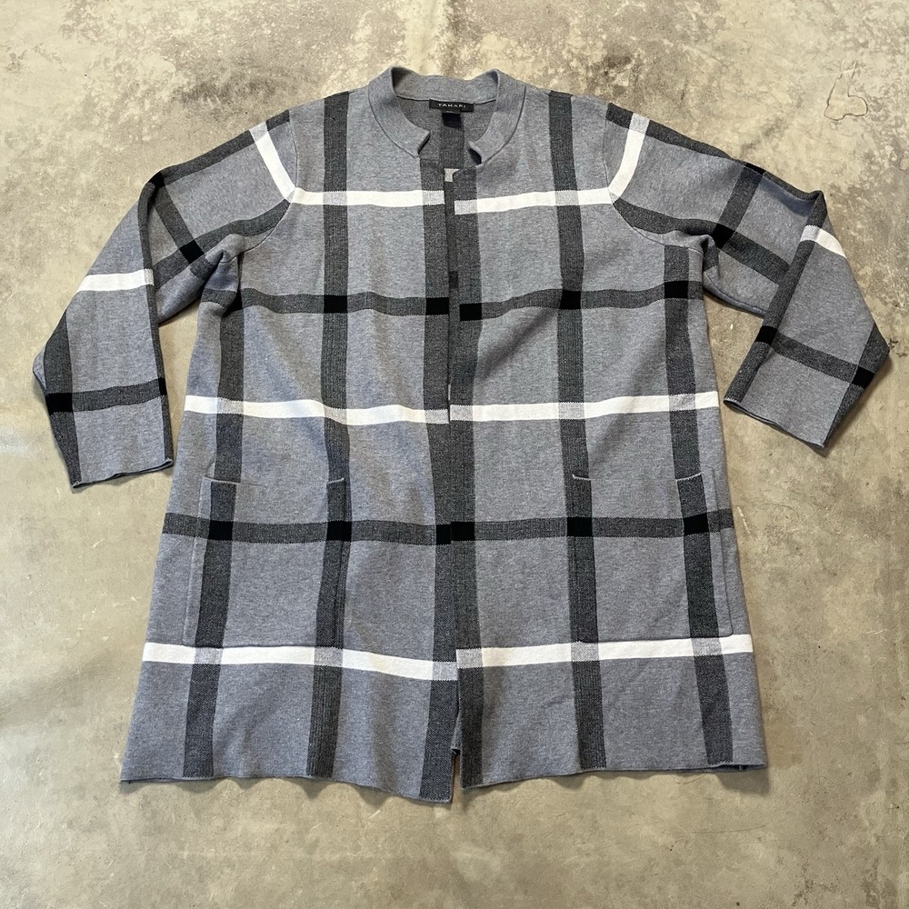 Tahari Sweater Womens Size 3X Gray Plaid Open Front Cardigan Duster